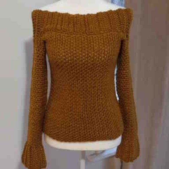 Handmade Crochet Off the Shoulder Sweater S Mustard Yellow - Picture 1 of 4